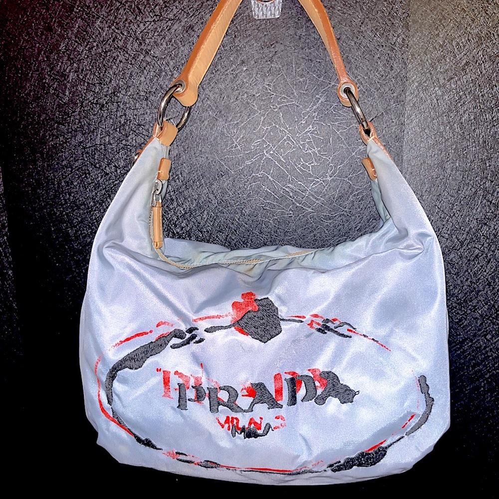 Authentic PRADA blue Tessuto Nylon Stencil Pervinca Hobo Handbag